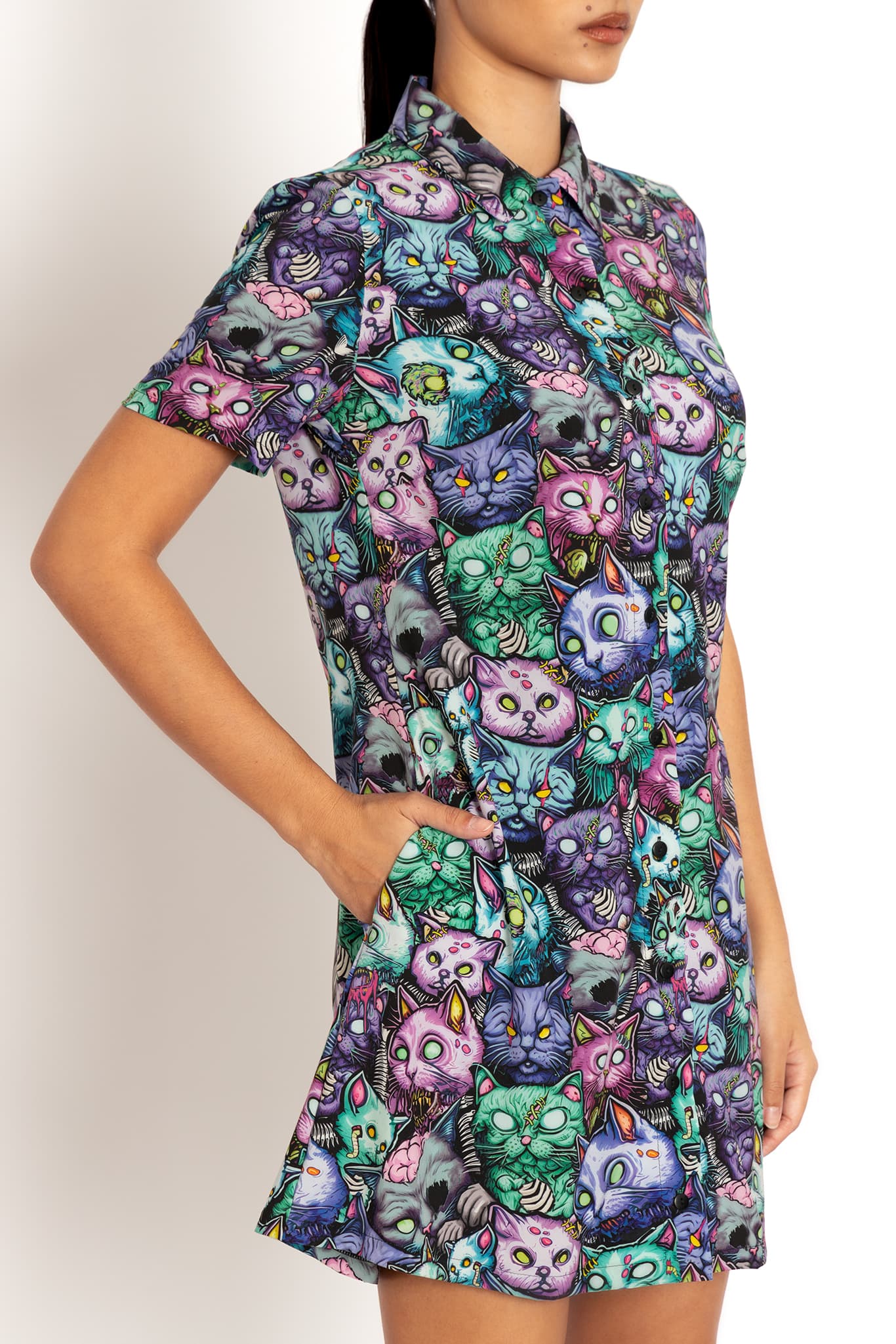 Zombie Catpocalypse Short Sleeve Shirt Dress - Image 4
