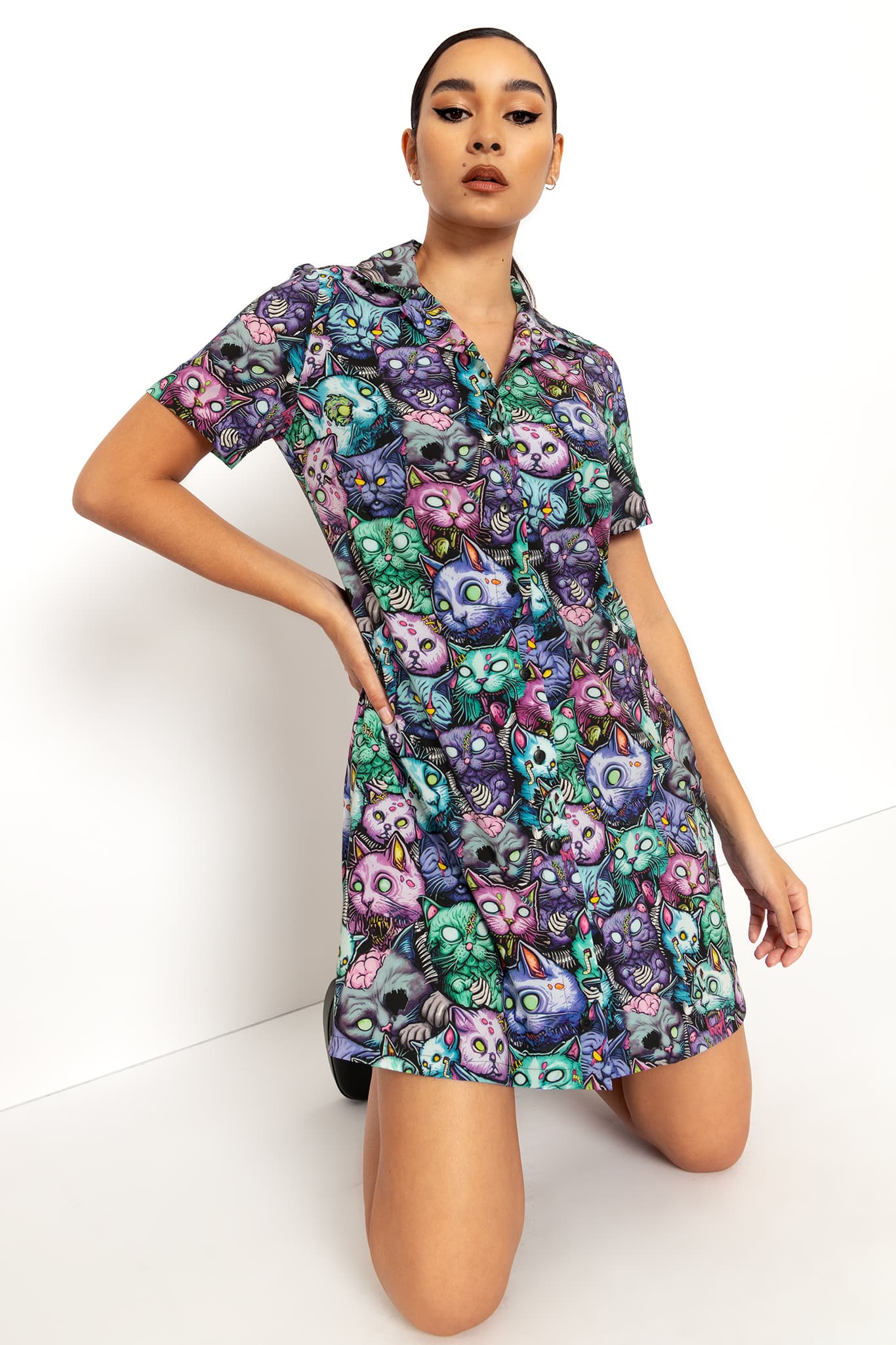 Zombie Catpocalypse Short Sleeve Shirt Dress - Image 6